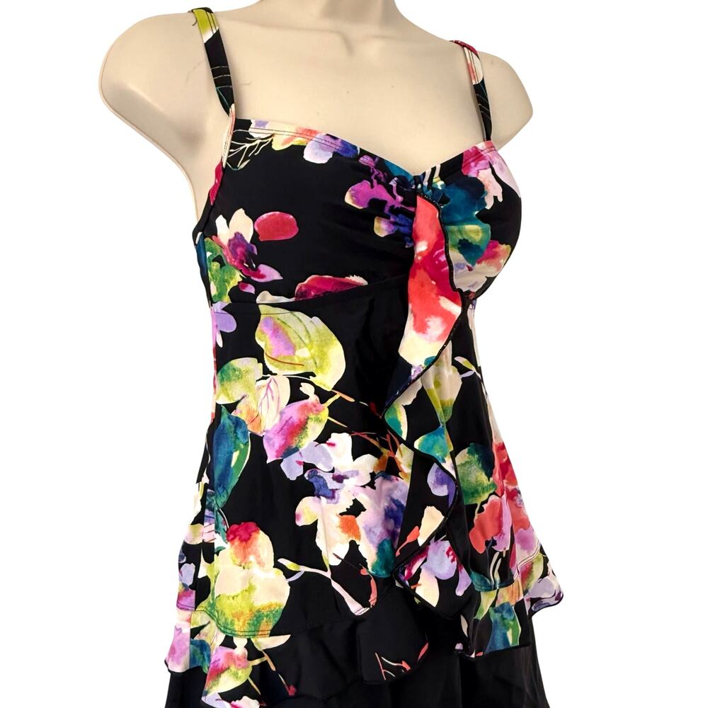 Maxine of Hollywood Black Tropical Floral Tankini Ruffled front and Hem - Picture 16 of 16